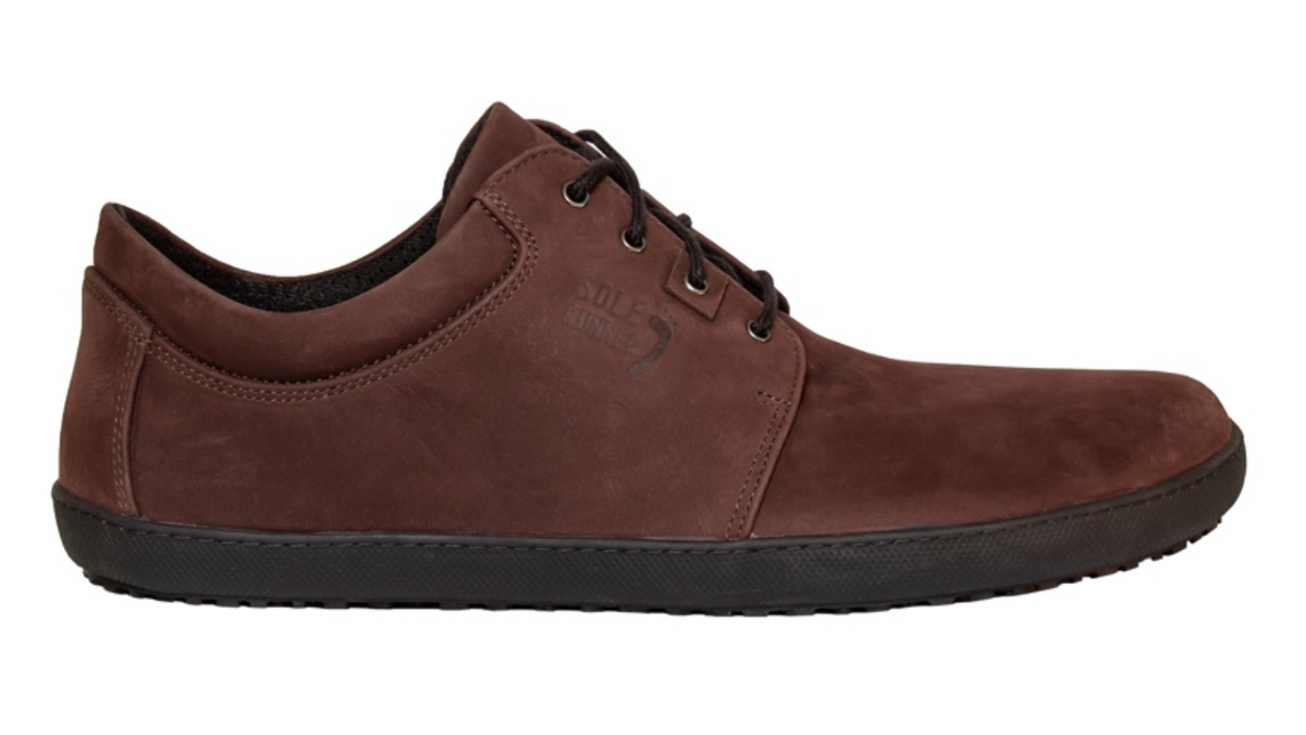 Barfußschuh, geschlossene Zehen und geschlossener Fersenbereich, Schnürsenkel, flexible Sohle, einzelner Schuh, Seitenansicht außen
