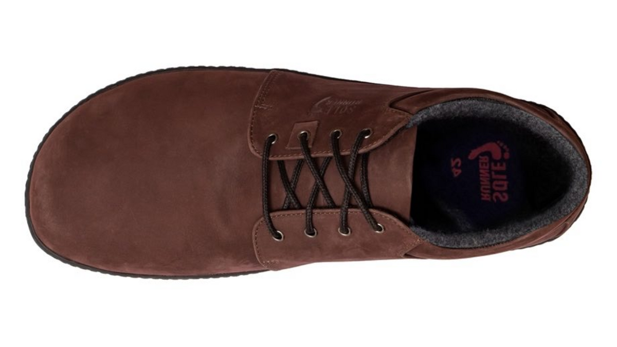 Barfußschuh, geschlossene Zehen und geschlossener Fersenbereich, Schnürsenkel, einzelner Schuh, Draufsicht