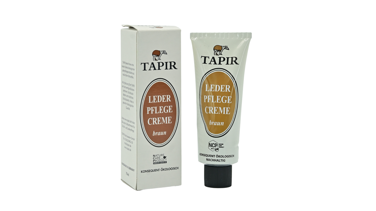 Tapir Lederpflegecreme mit Tube, Schraubverschluss und Verpackung mit Produktbeschriftung, schräge Vorderansicht