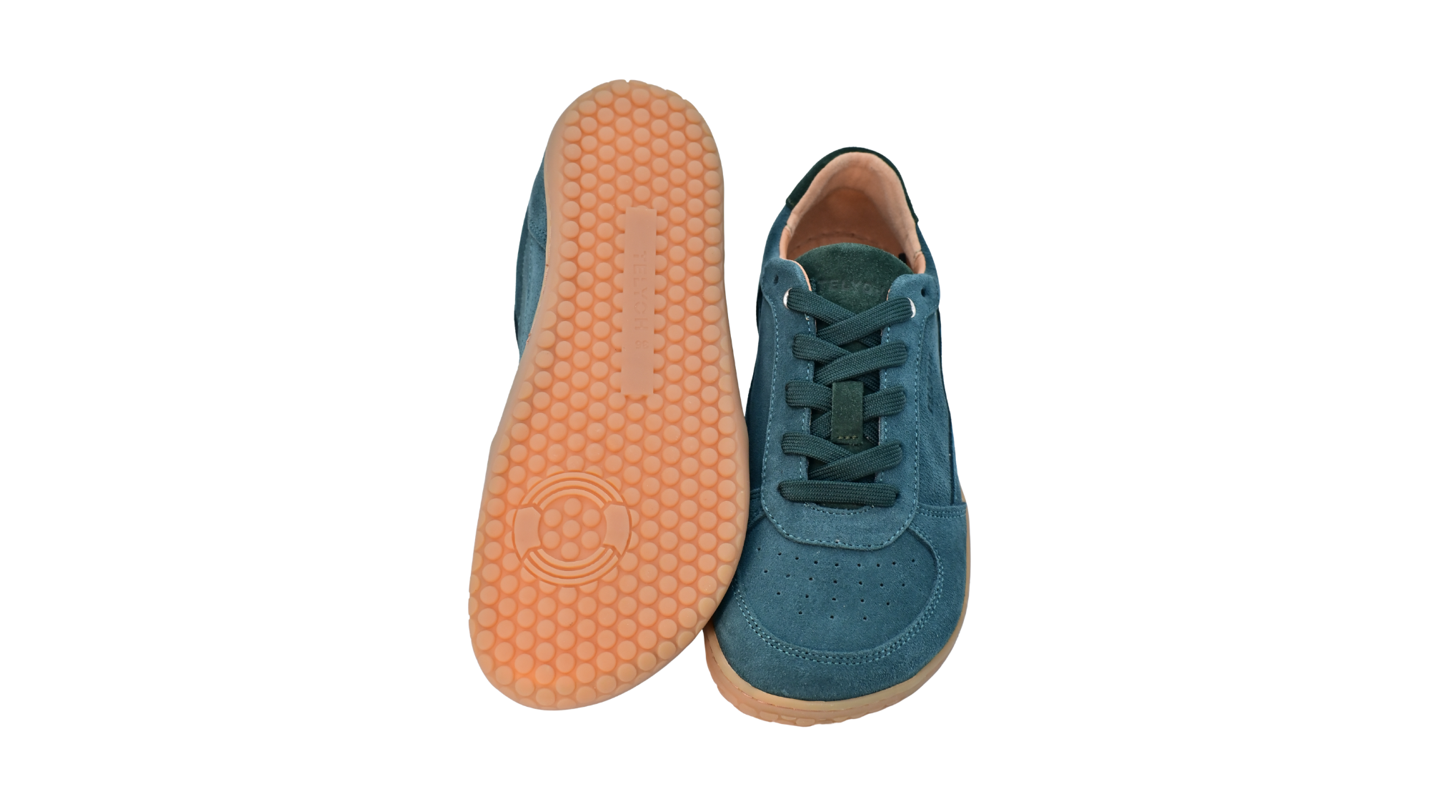 Barfußschuh für Erwachsene, geschlossene Zehenpartie, geschlossener Fersenbereich, Schnürung, Perforation im Zehenbereich, flache Sohle, Ansicht von unten und Draufsicht, Paar