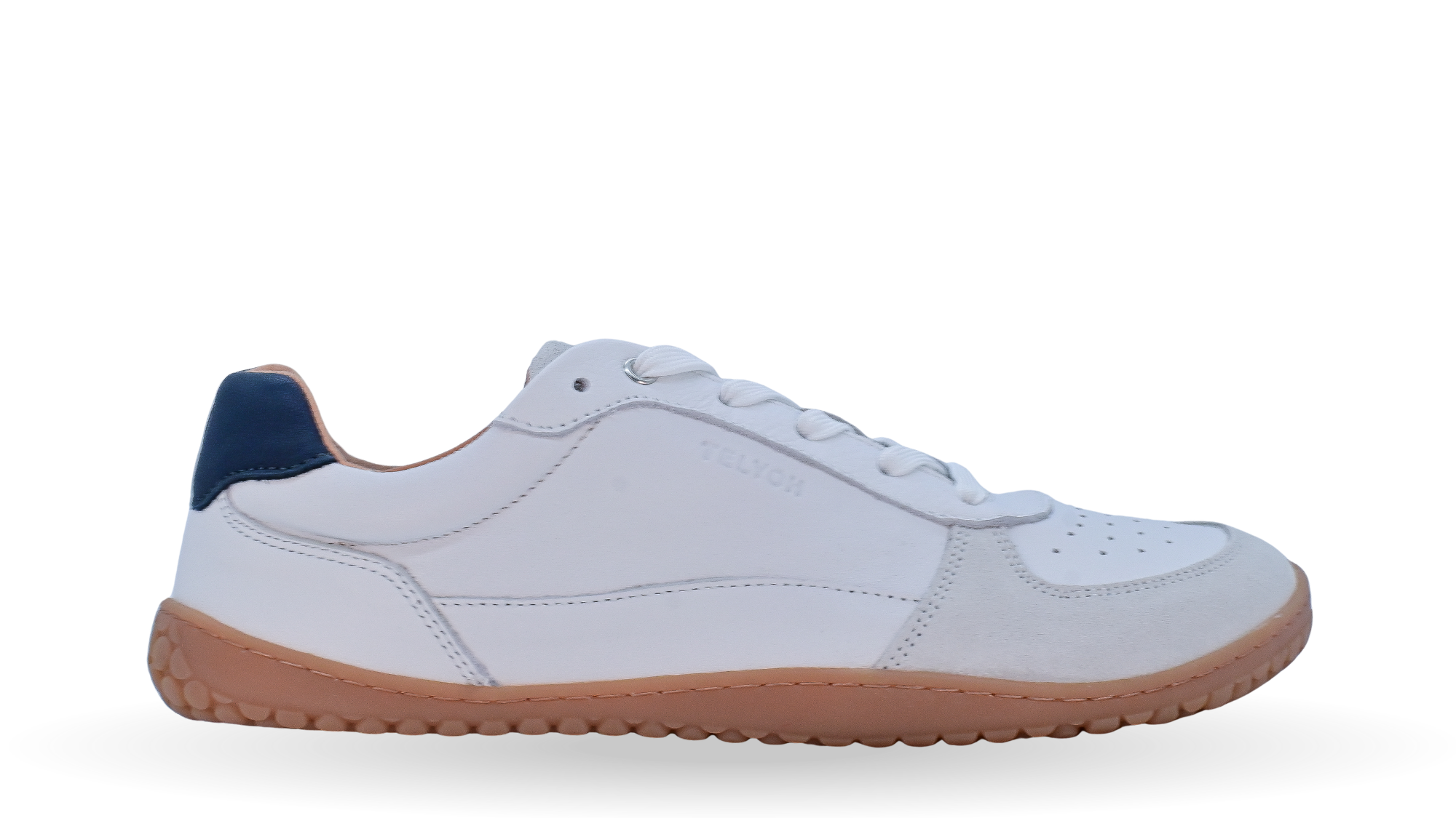 Barfußschuh für Erwachsene, geschlossene Zehenpartie, geschlossener Fersenbereich, Schnürung, Perforation im Zehenbereich, flache Sohle, Seitenansicht außen