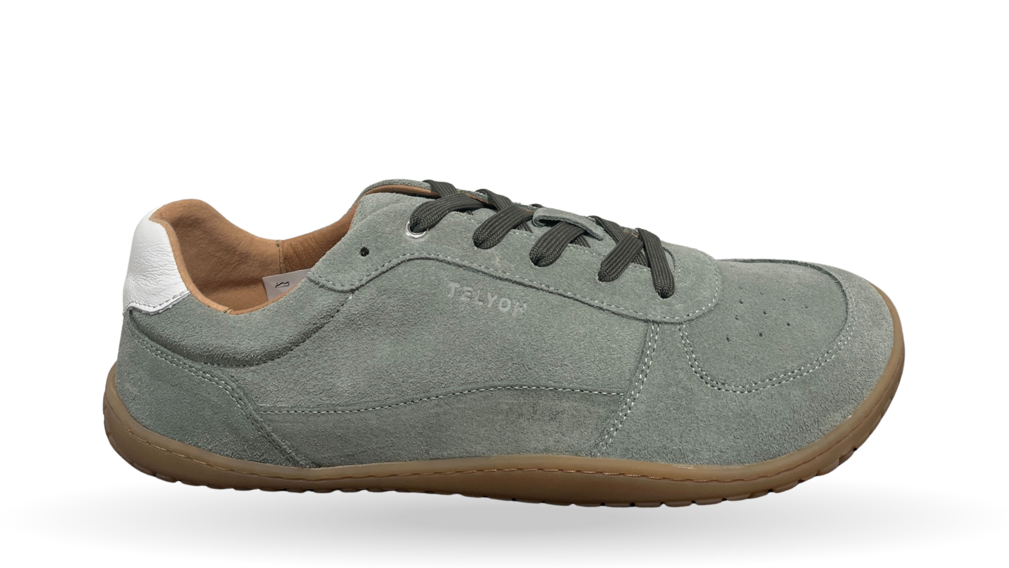Barfußschuh für Erwachsene, geschlossene Zehenpartie, geschlossener Fersenbereich, Schnürung, Perforation im Zehenbereich, flache Sohle, Seitenansicht außen