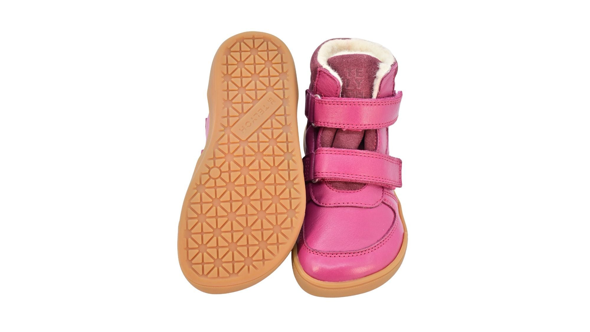 Barfußschuh für Kinder, geschlossene Zehenpartie, geschlossener Fersenbereich, zwei Klettverschlüsse, gepolsterter Schaftrand, flache Sohle, Ansicht von unten und Vorderansicht