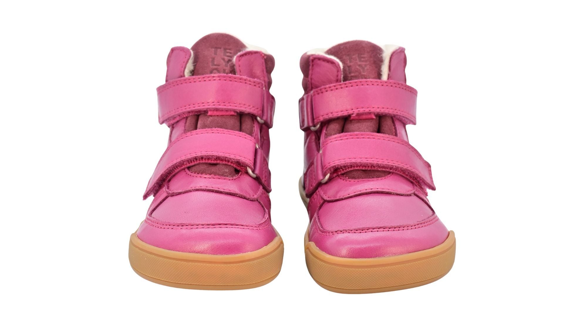 Barfußschuh für Kinder, geschlossene Zehenpartie, geschlossener Fersenbereich, zwei Klettverschlüsse, gepolsterter Schaftrand, flache Sohle, Vorderansicht als Paar