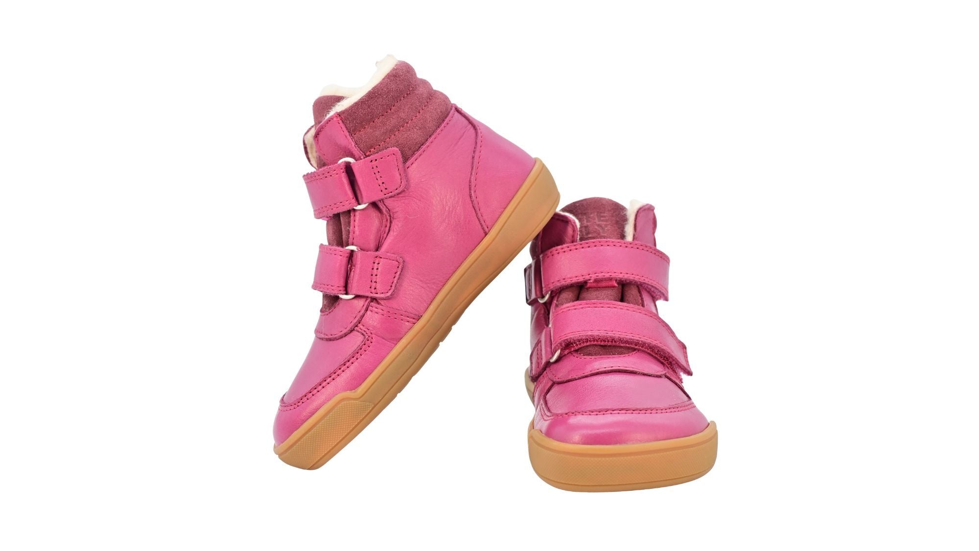 Barfußschuh für Kinder, geschlossene Zehenpartie, geschlossener Fersenbereich, zwei Klettverschlüsse, gepolsterter Schaftrand, flache Sohle, Seiten- und Vorderansicht