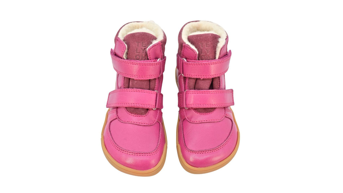 Barfußschuh für Kinder, geschlossene Zehenpartie, geschlossener Fersenbereich, zwei Klettverschlüsse, gepolsterter Schaftrand, flache Sohle, Draufsicht als Paar
