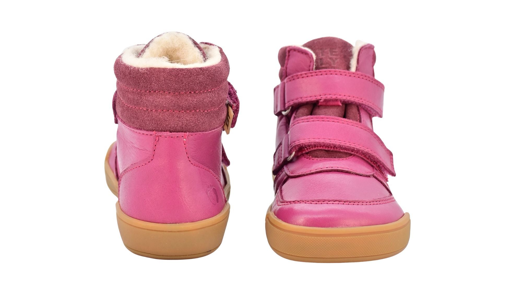 Barfußschuh für Kinder, geschlossene Zehenpartie, geschlossener Fersenbereich, zwei Klettverschlüsse, gepolsterter Schaftrand, flache Sohle, Rück- und Vorderansicht, Paar