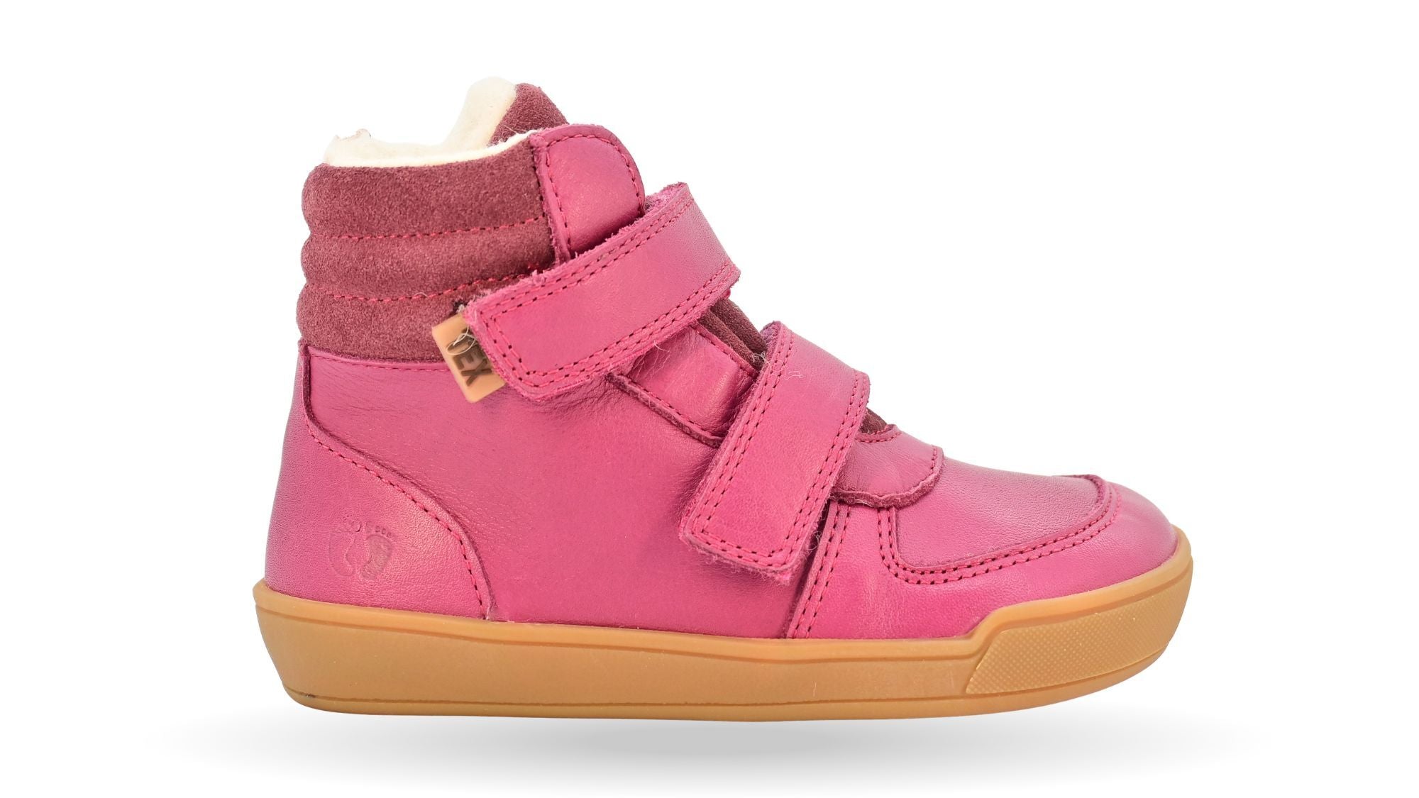 Barfußschuh für Kinder, geschlossene Zehenpartie, geschlossener Fersenbereich, zwei Klettverschlüsse, gepolsterter Schaftrand, flache Sohle, Seitenansicht außen