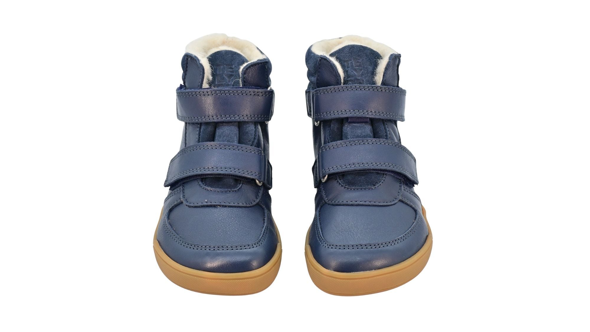 Barfußschuh für Kinder, geschlossene Zehenpartie, geschlossener Fersenbereich, zwei Klettverschlüsse, gepolsterter Schaftrand, flache Sohle, Vorderansicht als Paar