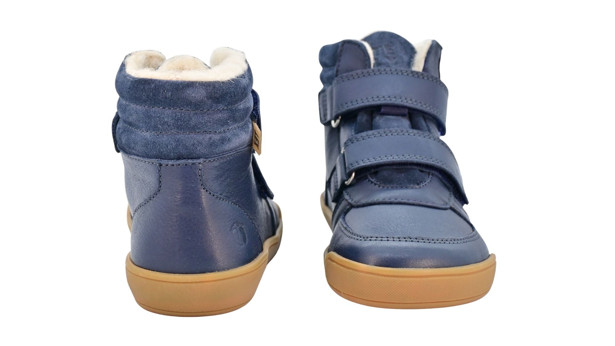 Barfußschuh für Kinder, geschlossene Zehenpartie, geschlossener Fersenbereich, zwei Klettverschlüsse, gepolsterter Schaftrand, flache Sohle, Vorder- und Rückansicht als Paar