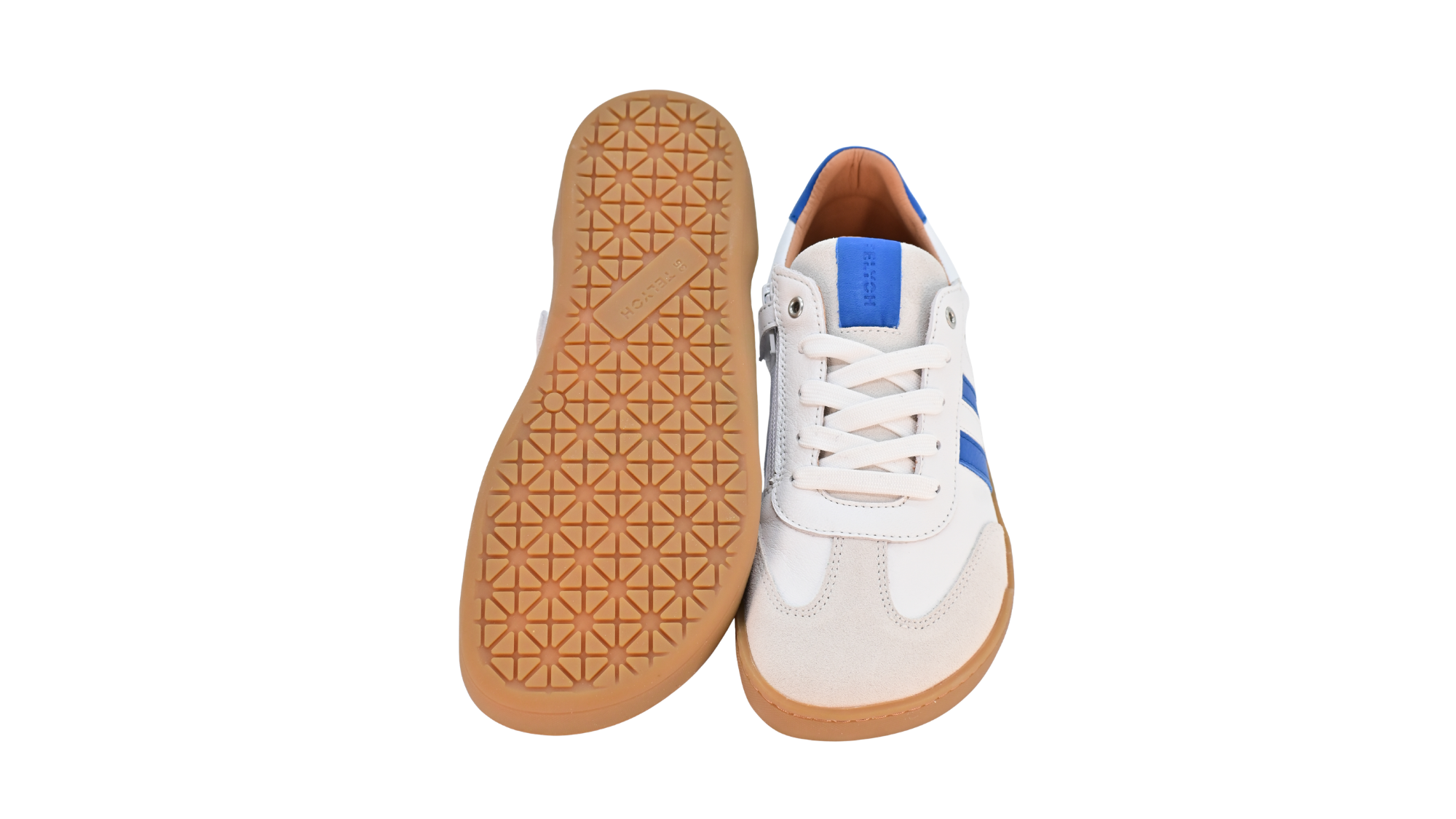 Barfußschuh für Erwachsene, geschlossene Zehenpartie, geschlossener Fersenbereich, Schnürung, seitliche Streifen, flache Sohle, Ansicht von unten und Draufsicht