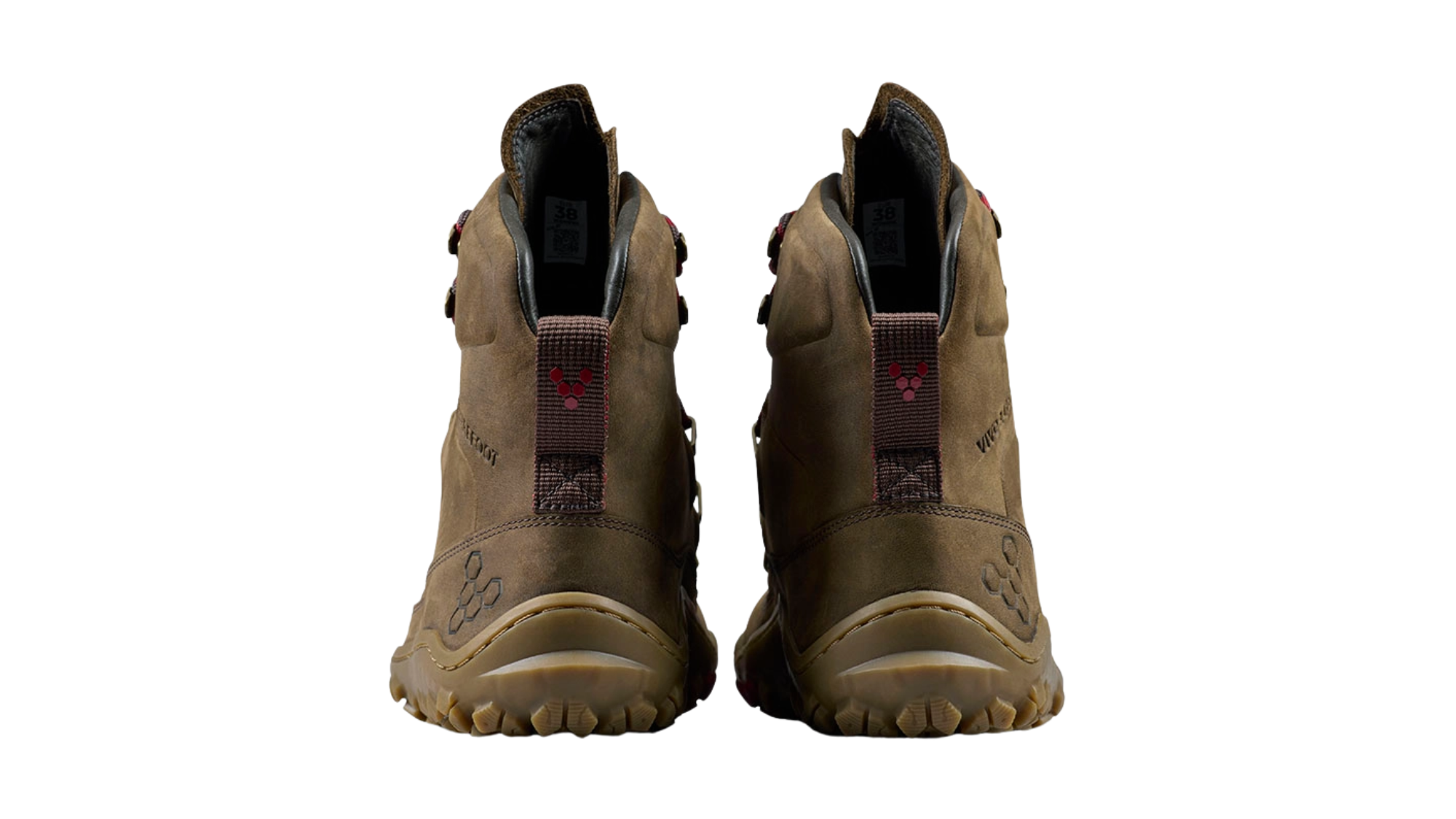 Barfußwanderstiefel, geschlossene Zehen und geschlossener Fersenbereich, Schnürung mit Ösen, profilierte Sohle, Rückansicht, Paar