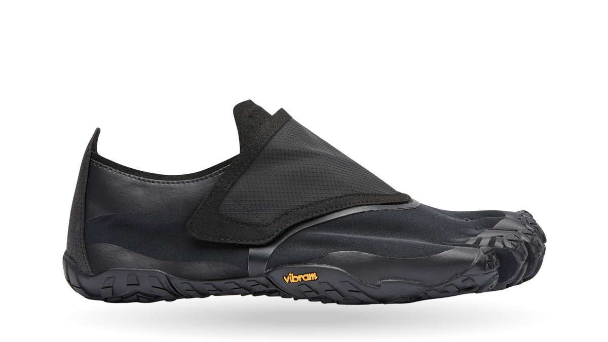 Zehenschuh mit separaten Zehenfächern, großem Klettverschluss und geschlossener Ferse, Einzelschuh, Seitenansicht außen