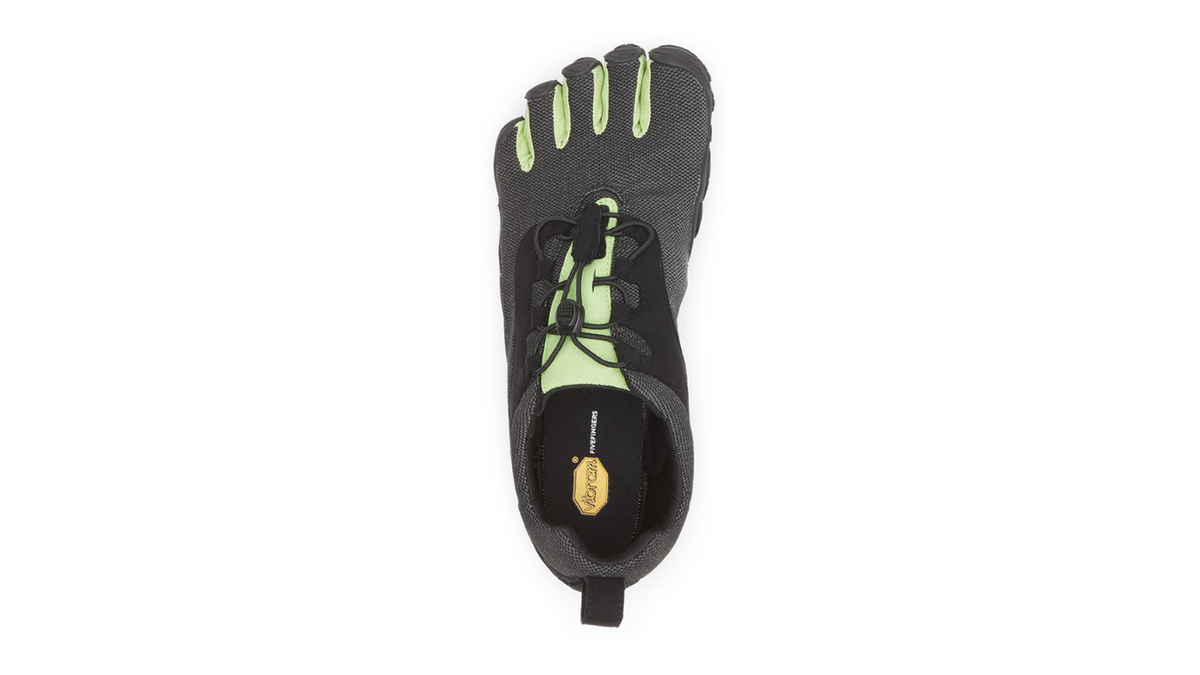 Barfußschuh für Erwachsene mit Schnürung, fünf einzelnen Zehenkammern und profilierter Sohle als Paar, Draufsicht