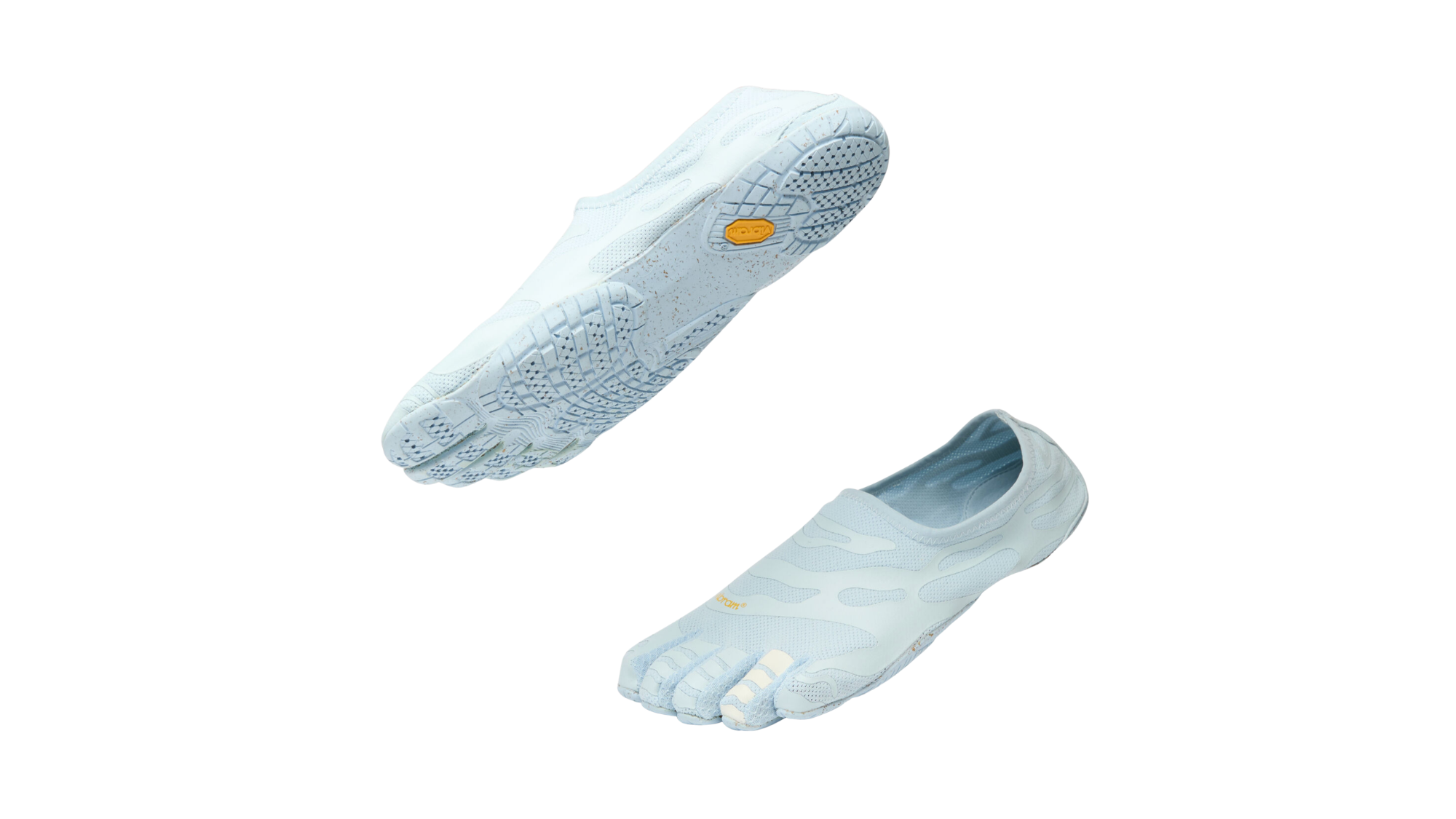 Zehenschuh mit separaten Zehenfächern, elastischem Einstieg und geschlossener Ferse, Paar, Seitenansicht und Ansicht von unten