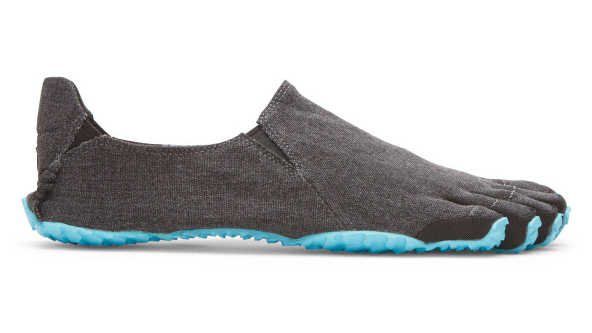 Barfußschuh für Erwachsene ohne Verschluss mit fünf einzelnen Zehenkammern und flacher Sohle, Seitenansicht außen