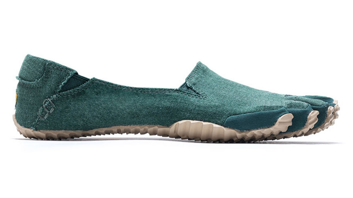 Barfußschuh für Erwachsene ohne Verschluss mit fünf einzelnen Zehenkammern und flacher Sohle, Seitenansicht außen