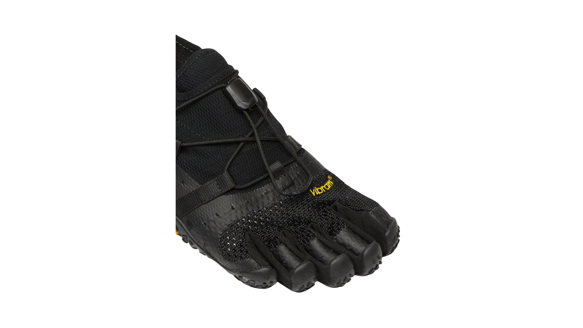 Zehenschuh mit separaten Zehenfächern, Schnellverschluss, seitlichen Riemen und offener Ferse, Einzelschuh, Detailansicht Zehenfächer