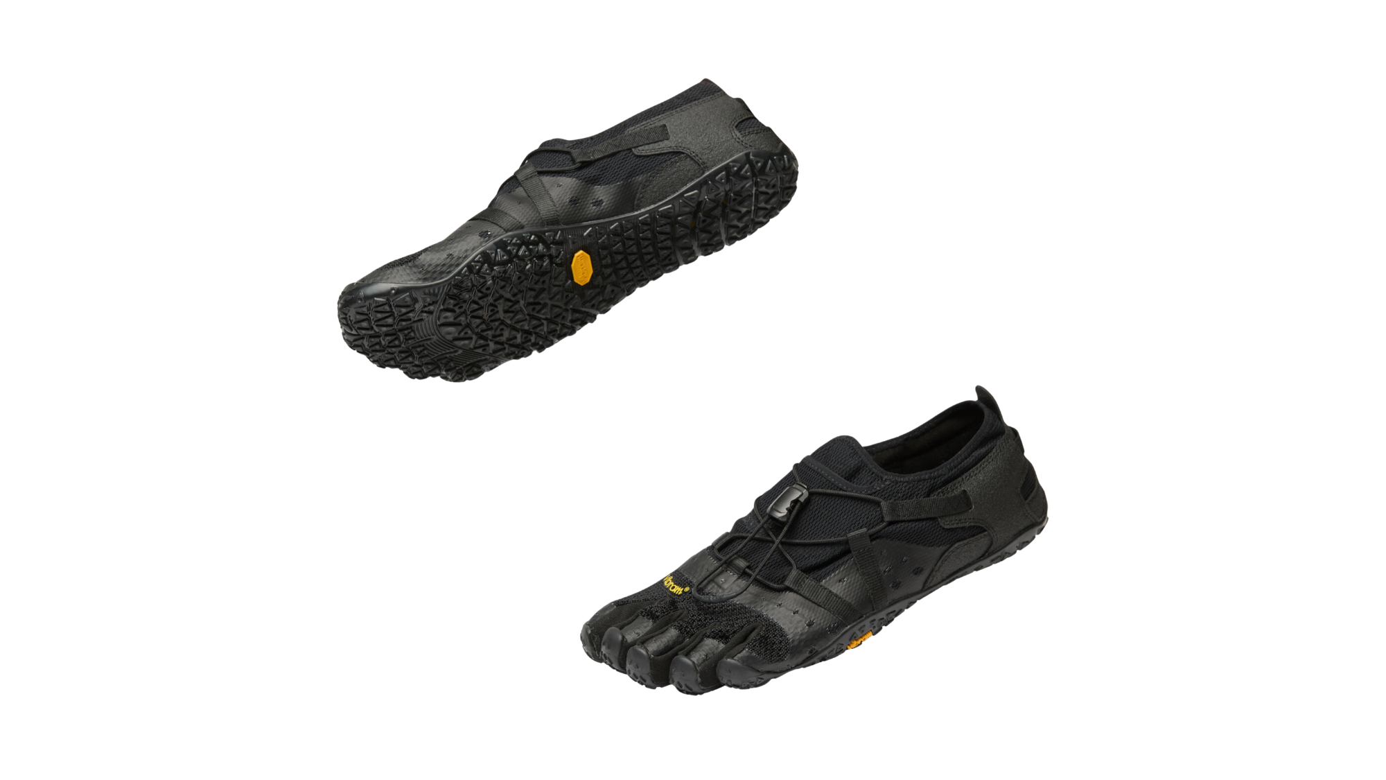 Zehenschuh mit separaten Zehenfächern, Schnellverschluss, seitlichen Riemen und offener Ferse, Ansicht von unten und Seitenansicht, Paar
