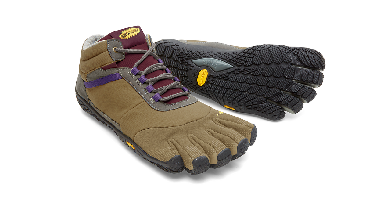 FiveFingers Zehenschuh mit Schnellverschluss, eine Seitenansicht und eine Ansicht der Profilsohle, 3,5 mm flexible Gummisohle