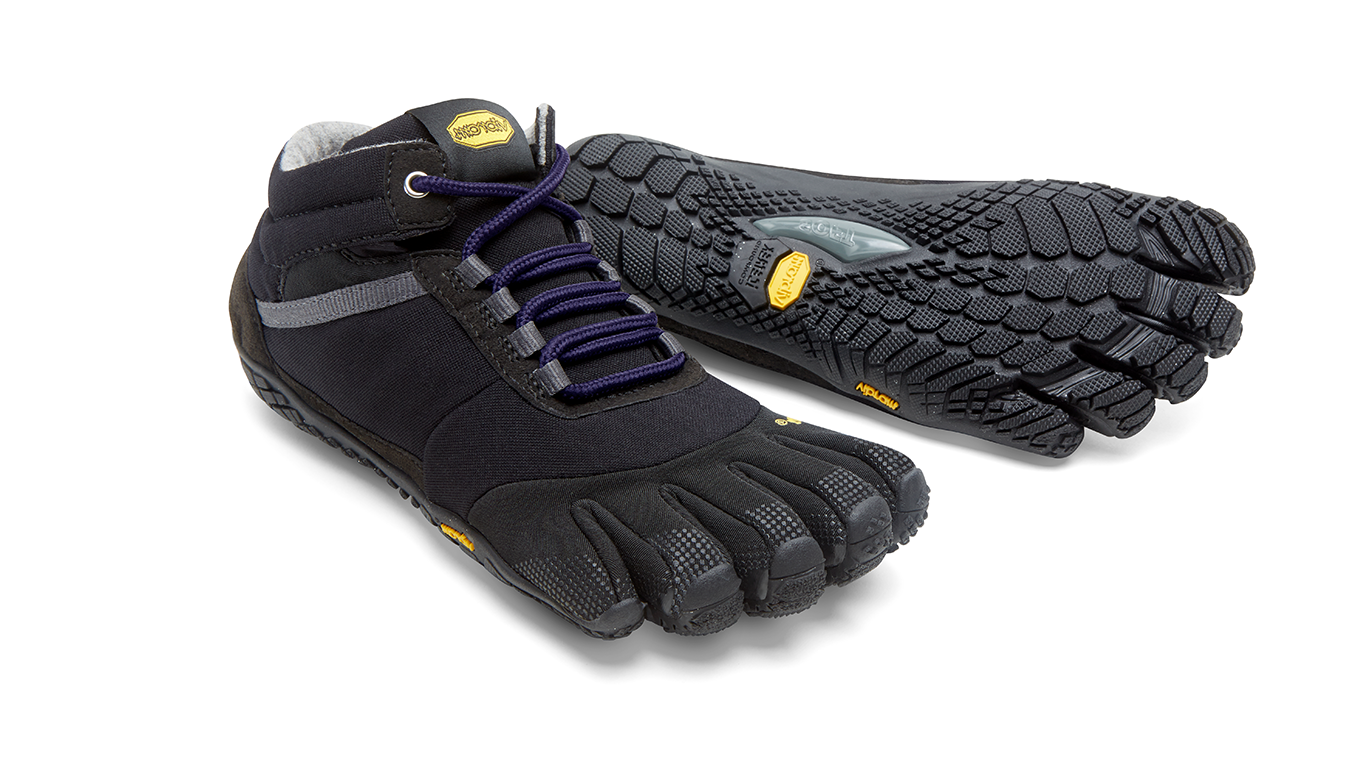 FiveFingers Zehenschuh als Paar, schwarzes Modell mit Schnellverschluss, eine Seitenansicht und eine Ansicht der Profilsohle, 3,5 mm flexible Gummisohle