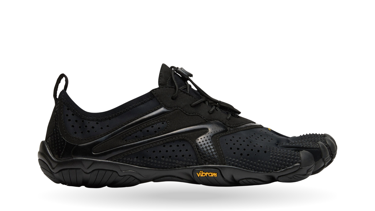 Zehenschuh mit separaten Zehenfächern, Schnellverschluss, Perforationen und geschlossener Ferse, Einzelschuh, Seitenansicht außen
