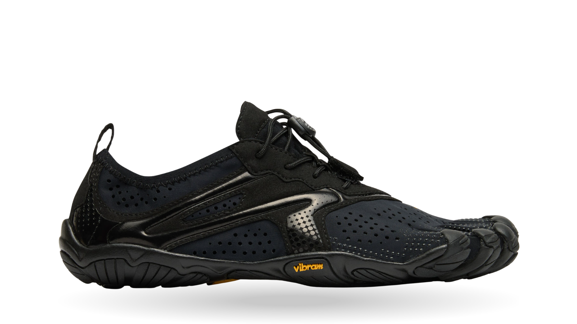 Zehenschuh mit separaten Zehenfächern, Schnellverschluss, Perforationen und geschlossener Ferse, Einzelschuh, Seitenansicht außen