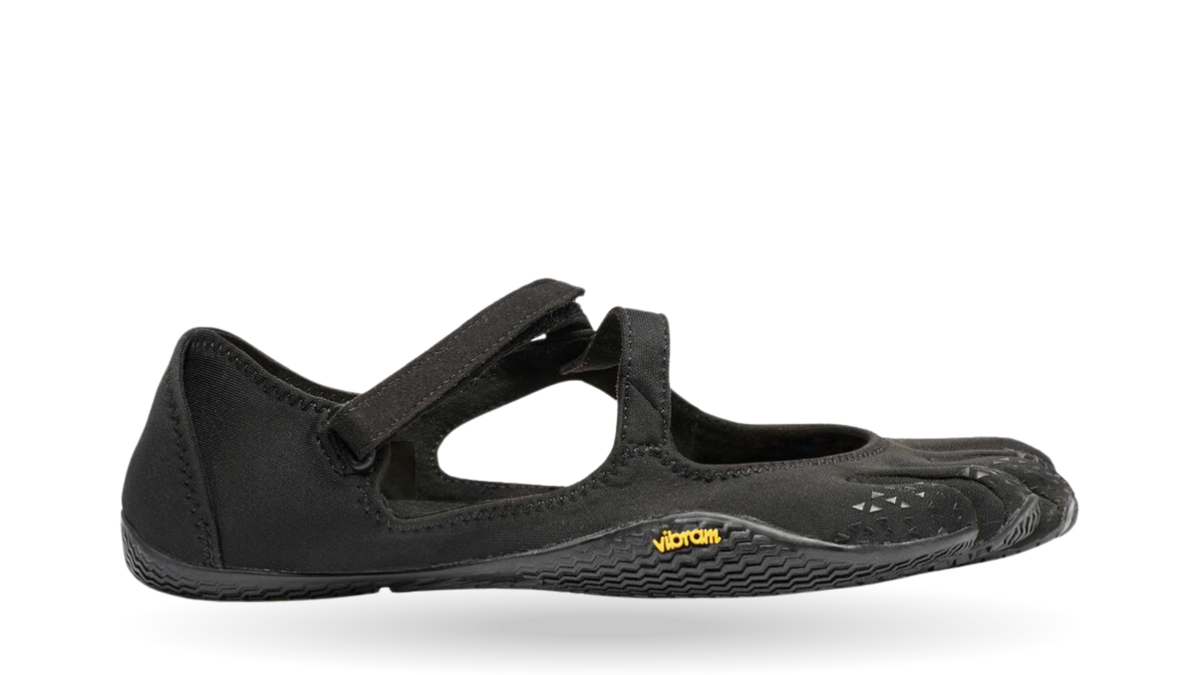 Zehenschuh mit separaten Zehenfächern, Riemenverschluss, seitlichen Ausschnitten und geschlossener Ferse, Einzelschuh, Seitenansicht außen