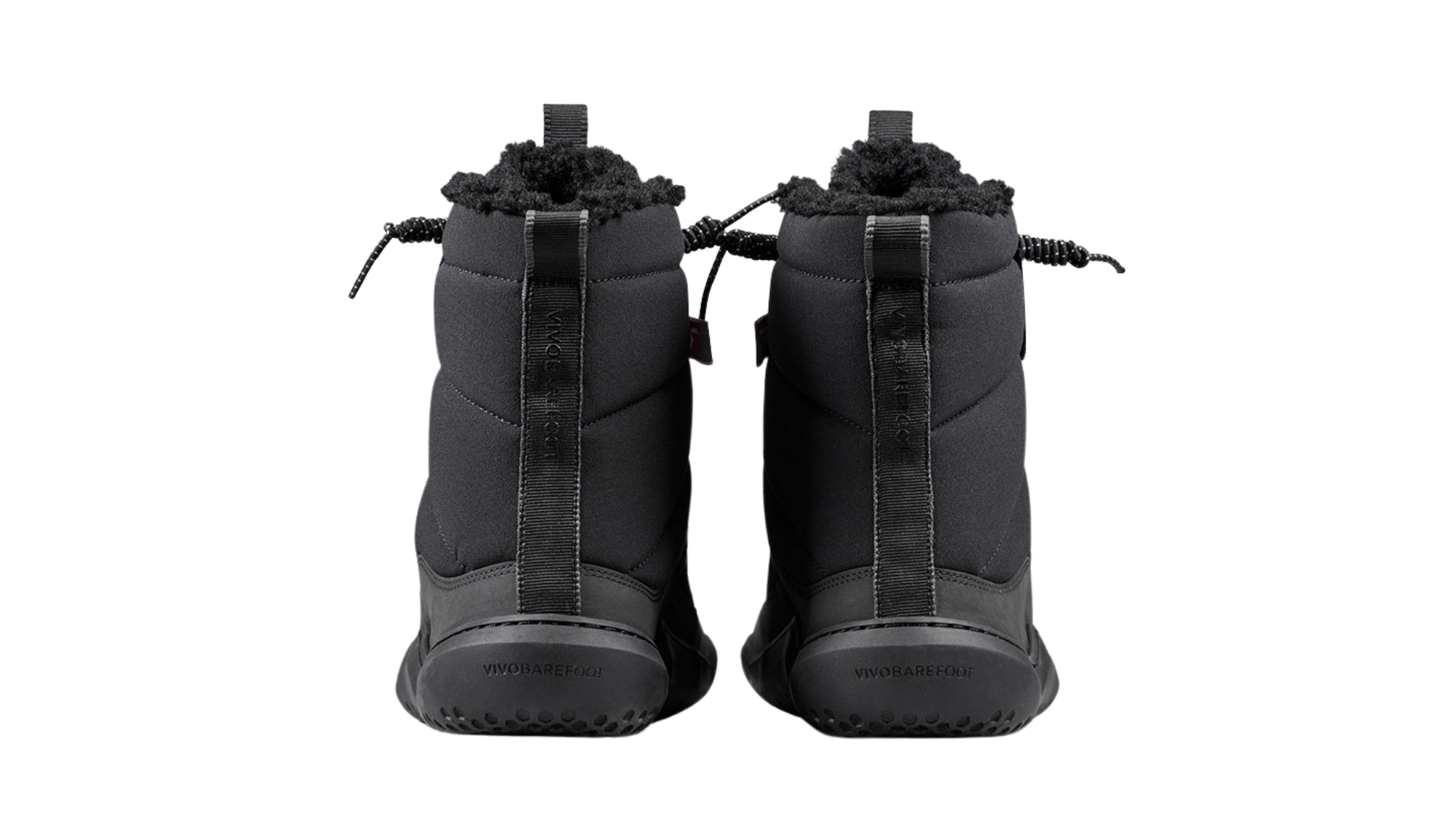 Barfußwinterstiefel, geschlossene Zehen und geschlossener Fersenbereich, Schnürung mit Ösen, profilierte Sohle, Rückansicht als Paar