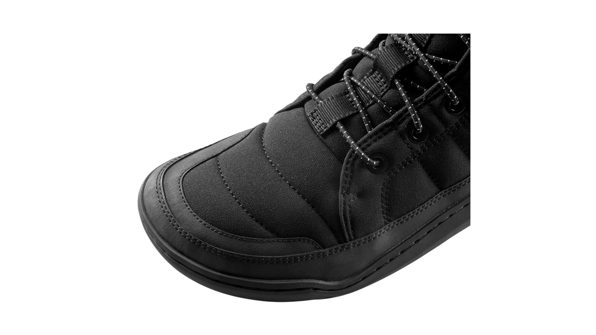 Barfußwinterstiefel, geschlossene Zehen und geschlossener Fersenbereich, Schnürung mit Ösen, profilierte Sohle, Detailansicht Ziernähte