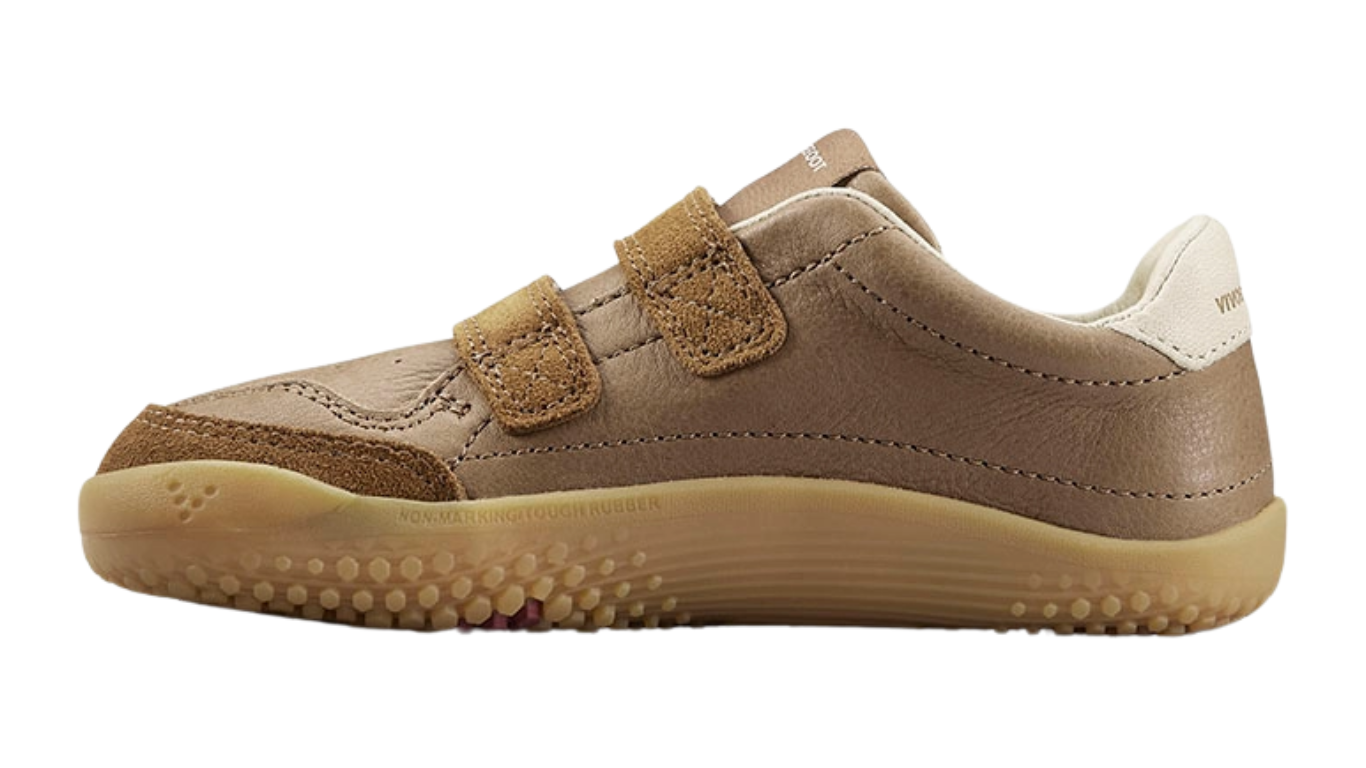 Barfußschuh für Kinder mit zwei Klettverschlüssen, breiter Zehenbox und geschlossenem Fersenbereich, Seitenansicht 
