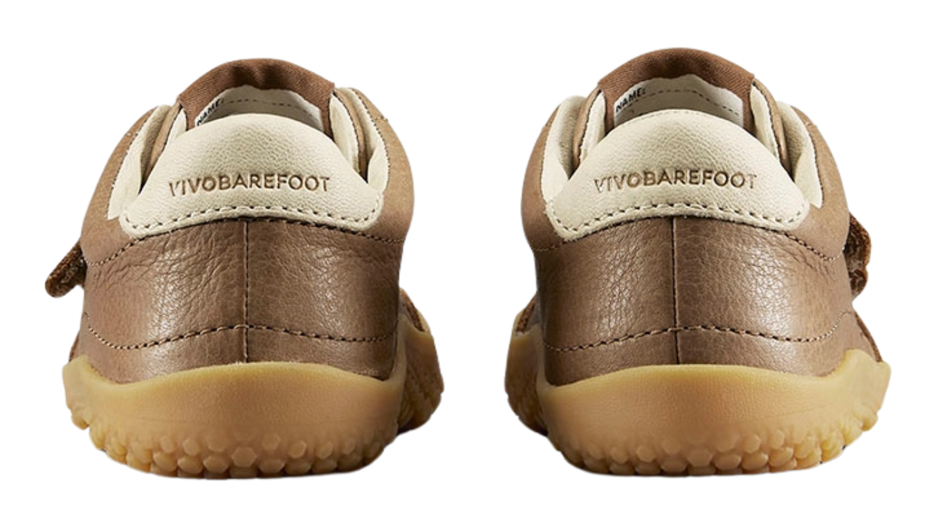 Barfußschuh für Kinder mit zwei Klettverschlüssen, breiter Zehenbox und geschlossenem Fersenbereich, Rückansicht als Paar