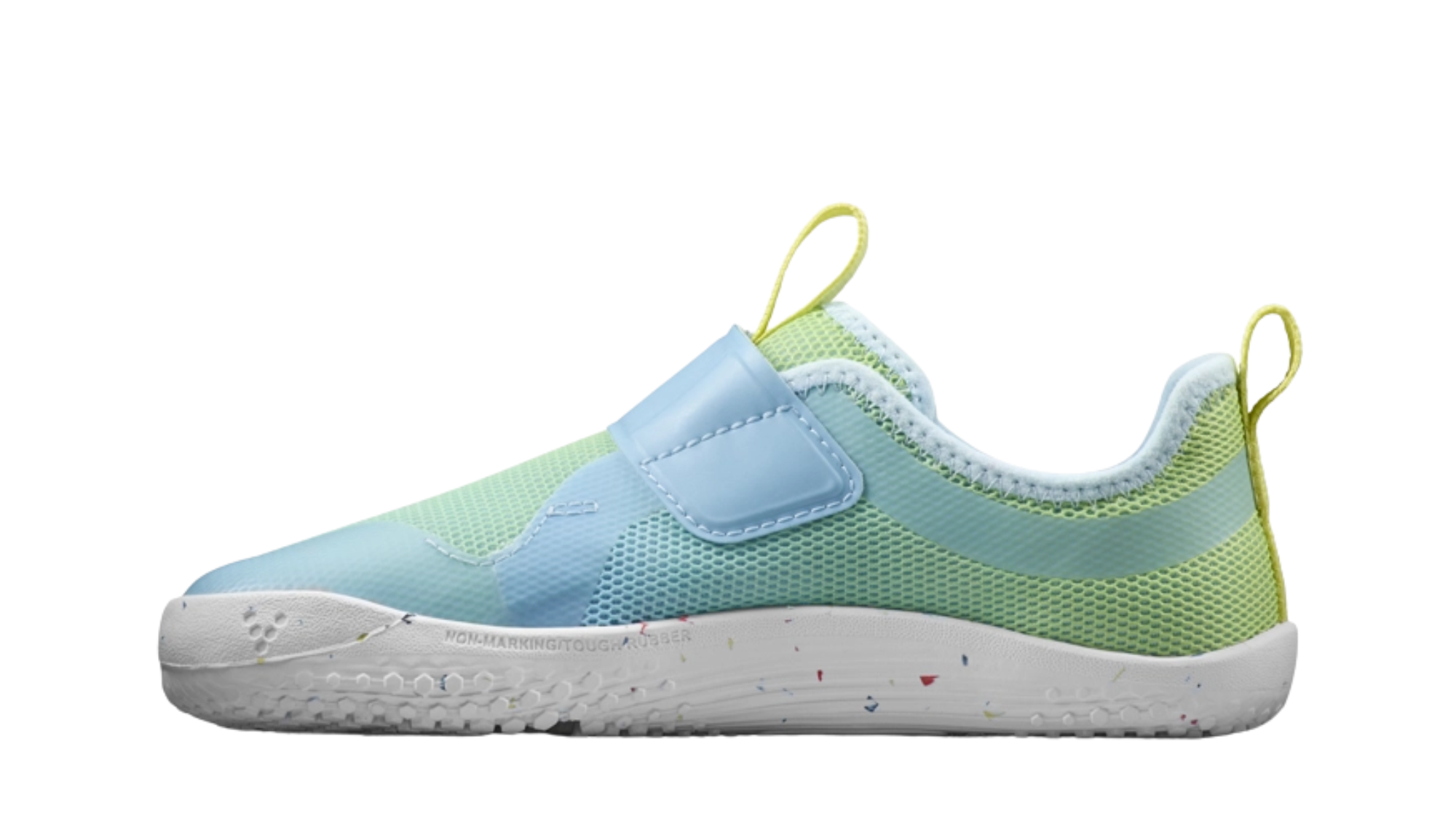 Barfußschuh für Kinder, geschlossene Zehen und geschlossener Fersenbereich, Klettverschluss, flexible Sohle, Seitenansicht innen, Einzelschuh