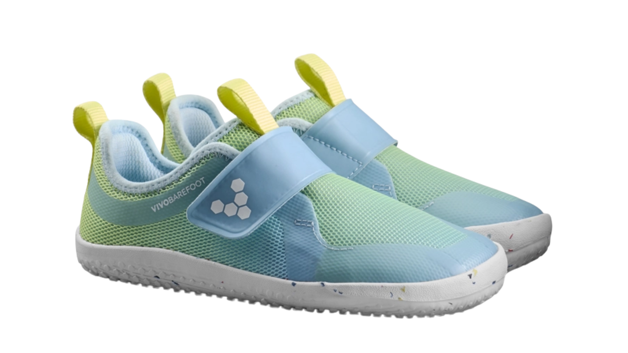 Barfußschuh für Kinder, geschlossene Zehen und geschlossener Fersenbereich, Klettverschluss, flexible Sohle, schräge Vorderansicht, Paar