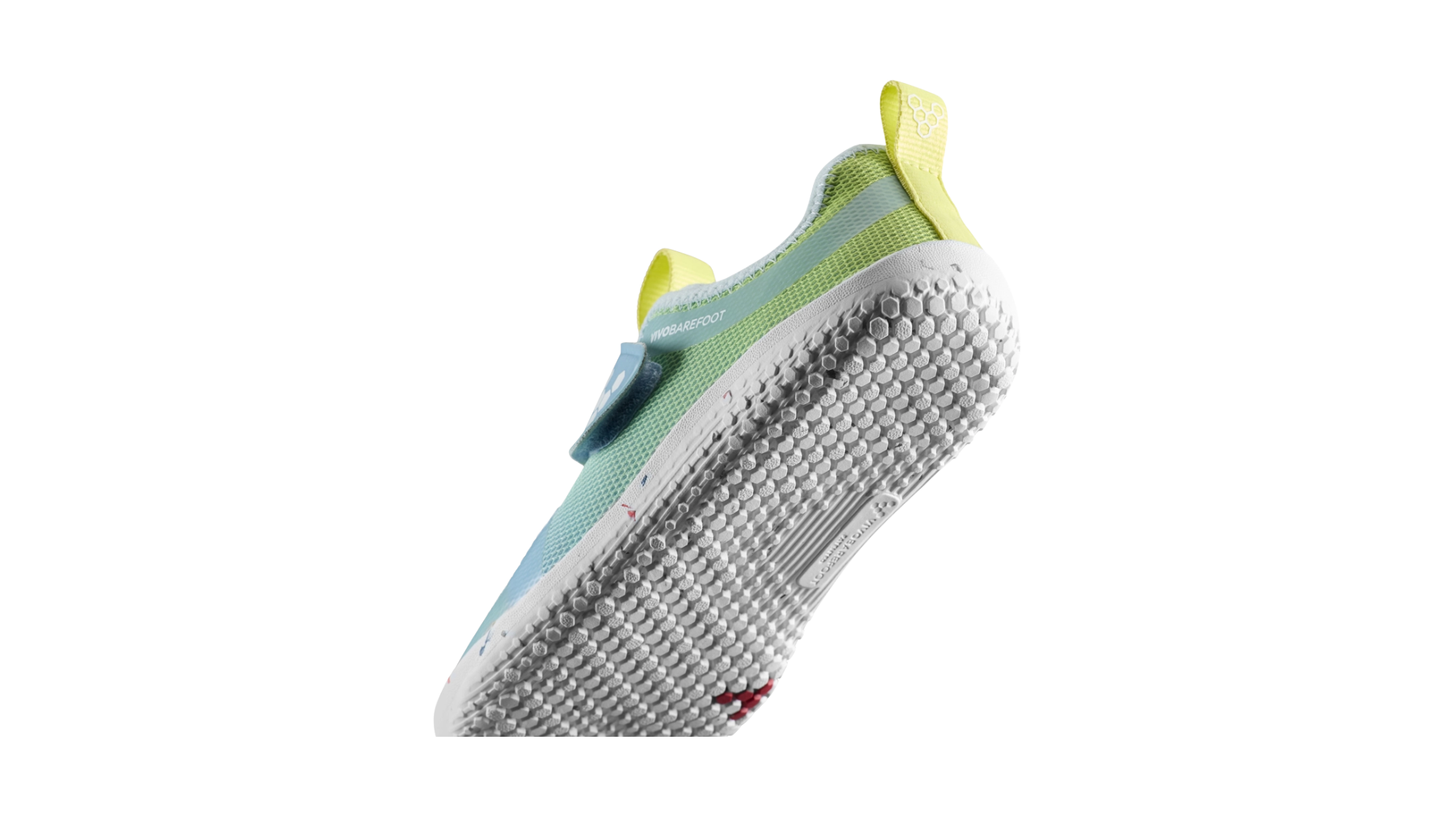 Barfußschuh für Kinder, geschlossene Zehen und geschlossener Fersenbereich, Klettverschluss, flexible Sohle, Detailansicht Fersenbereich