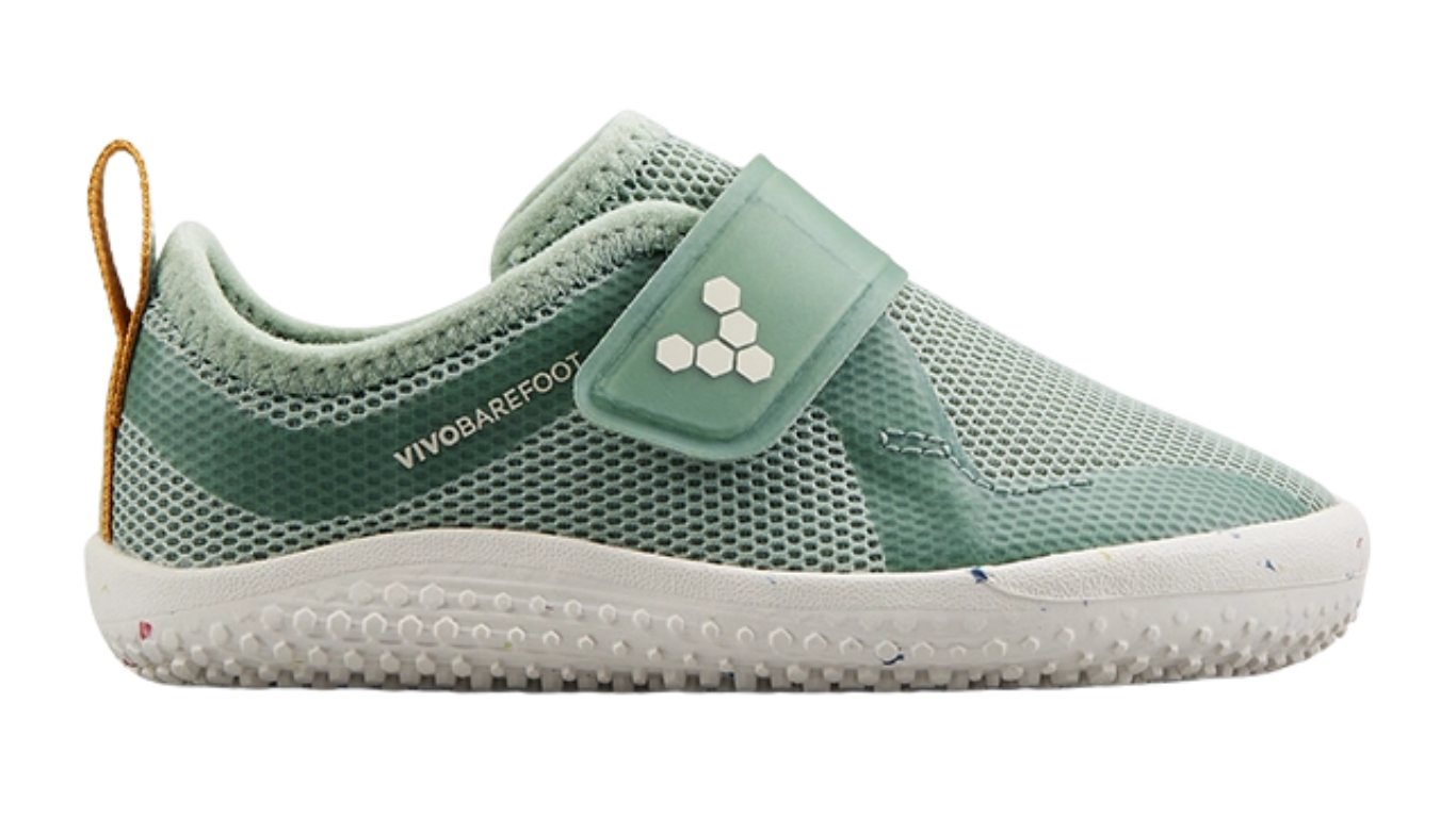 Barfußschuh für Kinder, geschlossene Zehen und geschlossener Fersenbereich, Klettverschluss, flexible Sohle, Einzelschuh, Seitenansicht außen
