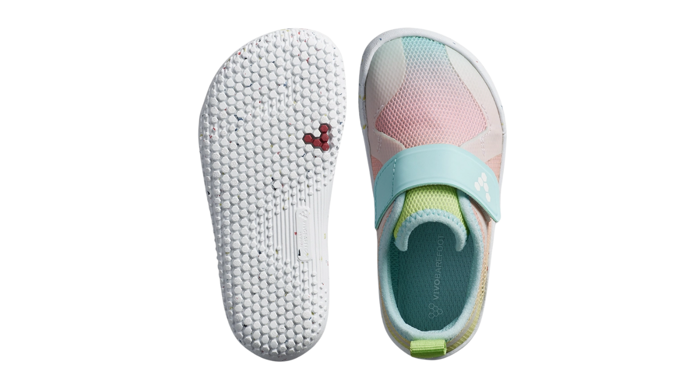 Barfußschuh für Kinder, geschlossene Zehen und geschlossener Fersenbereich, Klettverschluss, flexible Sohle, Draufsicht und Ansicht von unten, Paar