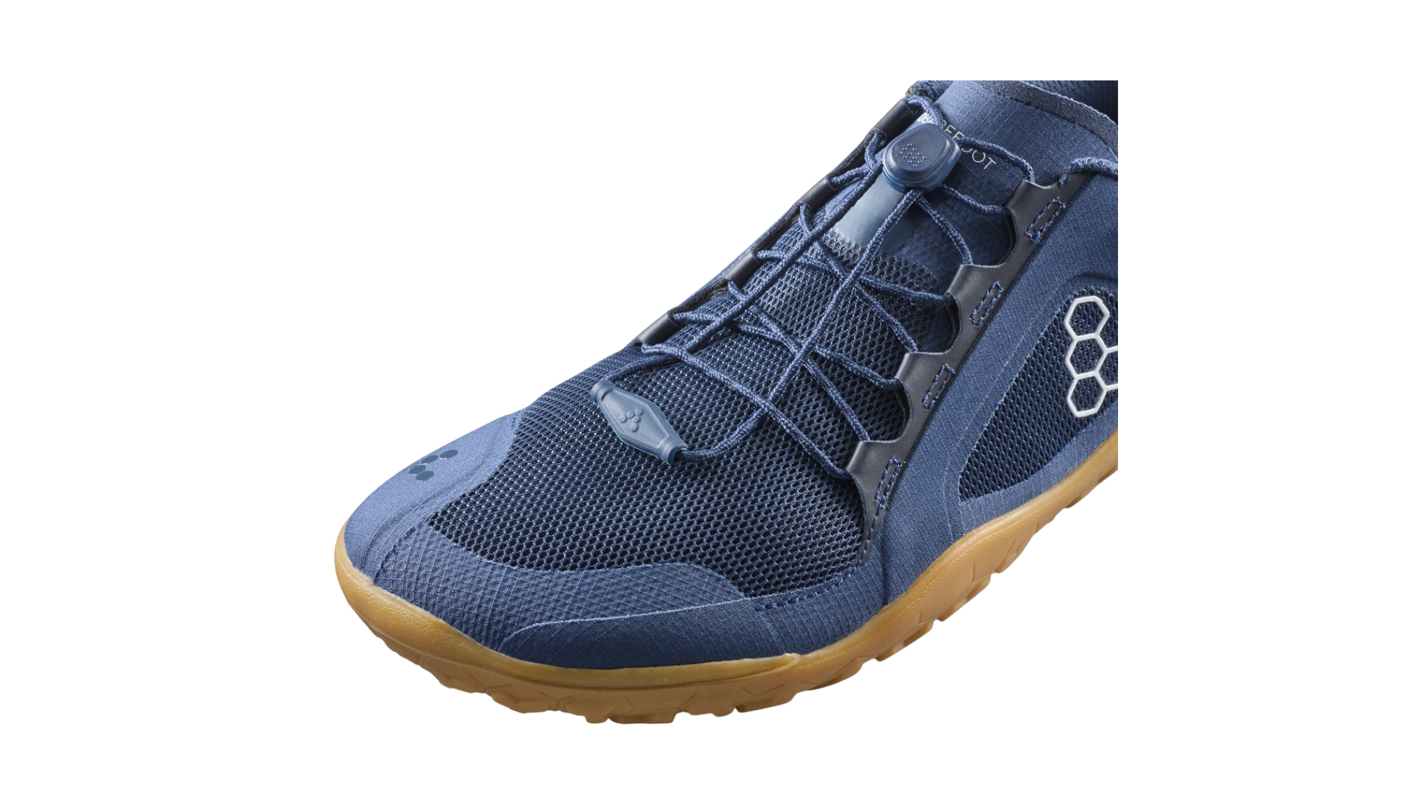 Barfußschuh, geschlossene Zehen und geschlossener Fersenbereich, Schnürung mit Schnellverschluss, profilierte Sohle, Detailansicht Schnellverschluss