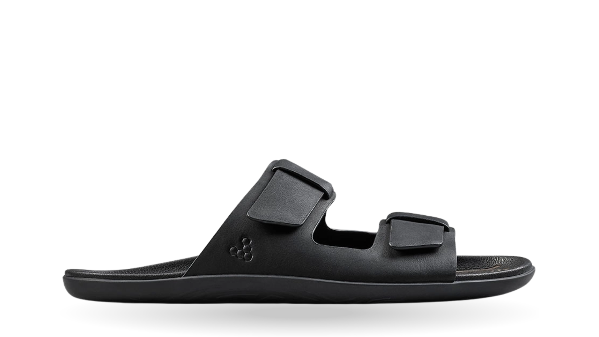 Barfußsandale, offene Zehen und offener Fersenbereich, zwei Riemen mit Schnallen, flexible Sohle, Seitenansicht außen, Einzelschuh