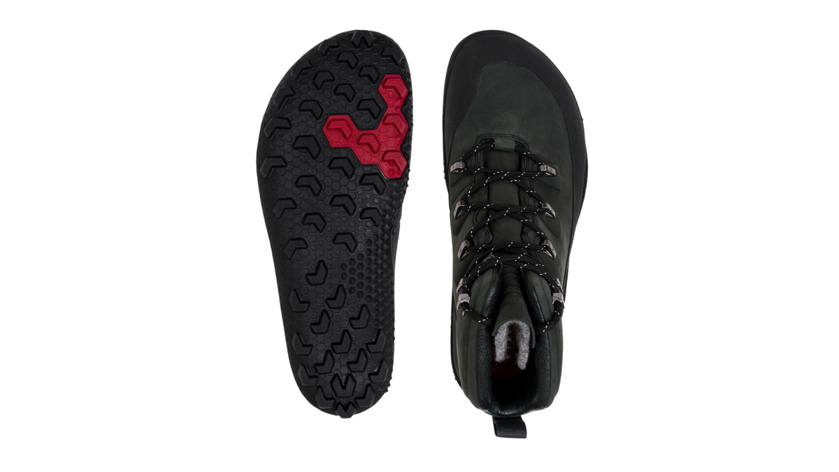 Barfußwinterstiefel mit Schnürung, breite Zehenbox, flexible Sohle, geschlossener Schaft, geschlossener Fersenbereich, Ansicht von unten und Draufsicht