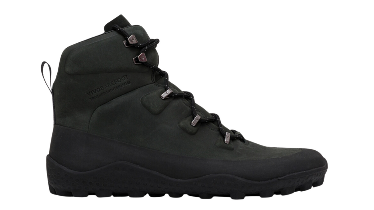 Barfußwinterstiefel mit Schnürung, breite Zehenbox, flexible Sohle, geschlossener Schaft, geschlossener Fersenbereich, Seitenansicht außen, einzelner Schuh