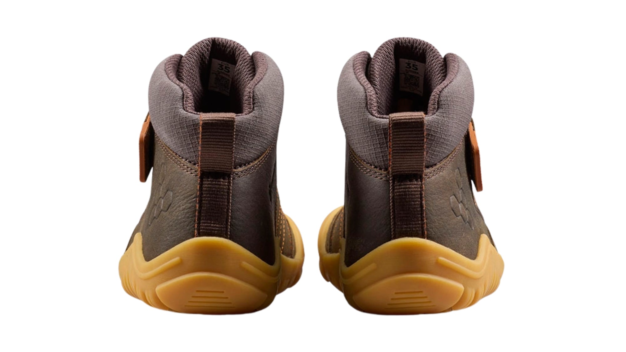 Barfußschuh mit Klettverschluss und Schnürung, breite Zehenbox, flexible Sohle, geschlossener Schaft, geschlossener Fersenbereich, Rückansicht als Paar