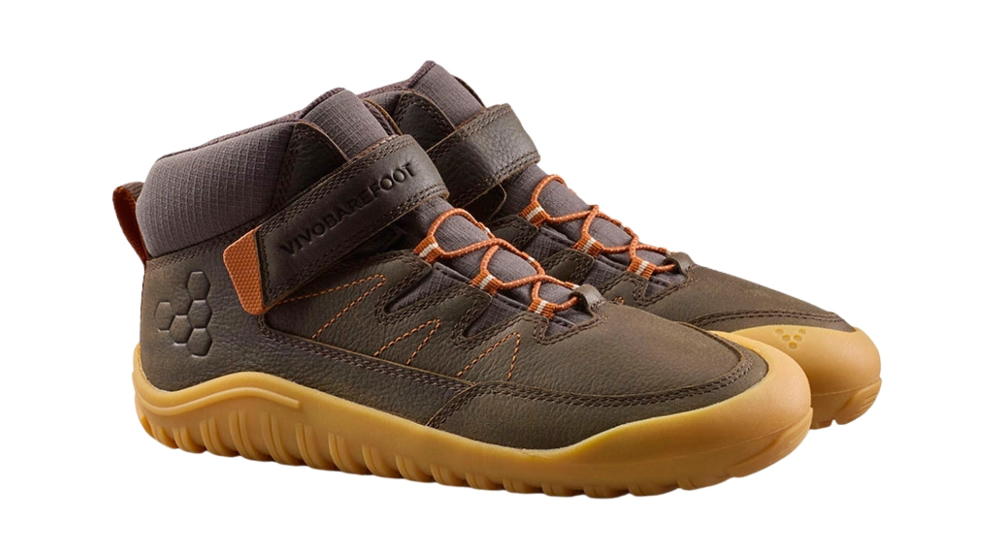 Barfußschuh mit Klettverschluss und Schnürung, breite Zehenbox, flexible Sohle, geschlossener Schaft, geschlossener Fersenbereich, schräge Vorderansicht als Paar