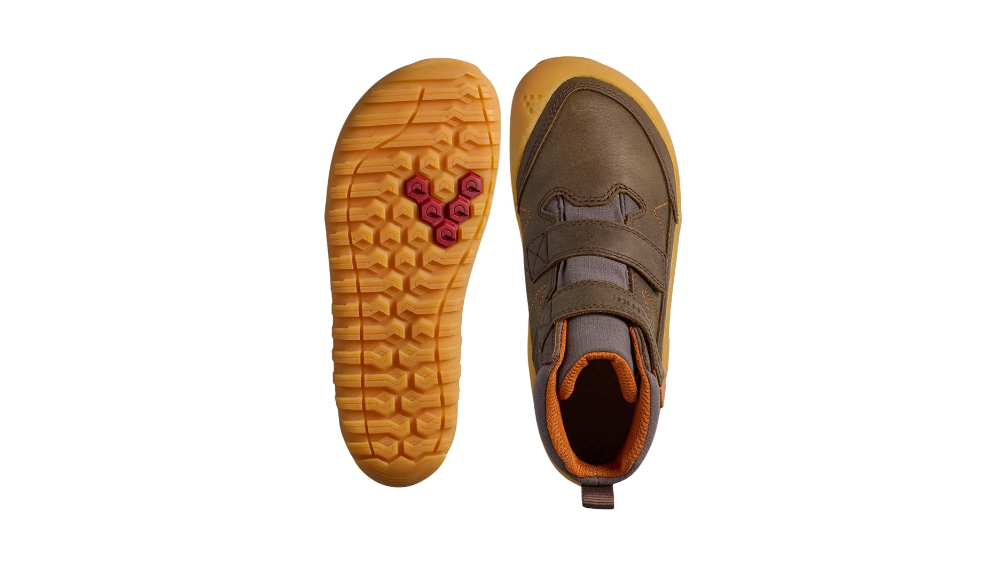 Barfußschuh mit zwei Klettverschlüssen, breite Zehenbox, flexible Sohle, geschlossener Schaft, geschlossener Fersenbereich, Ansicht von unten und Draufsicht