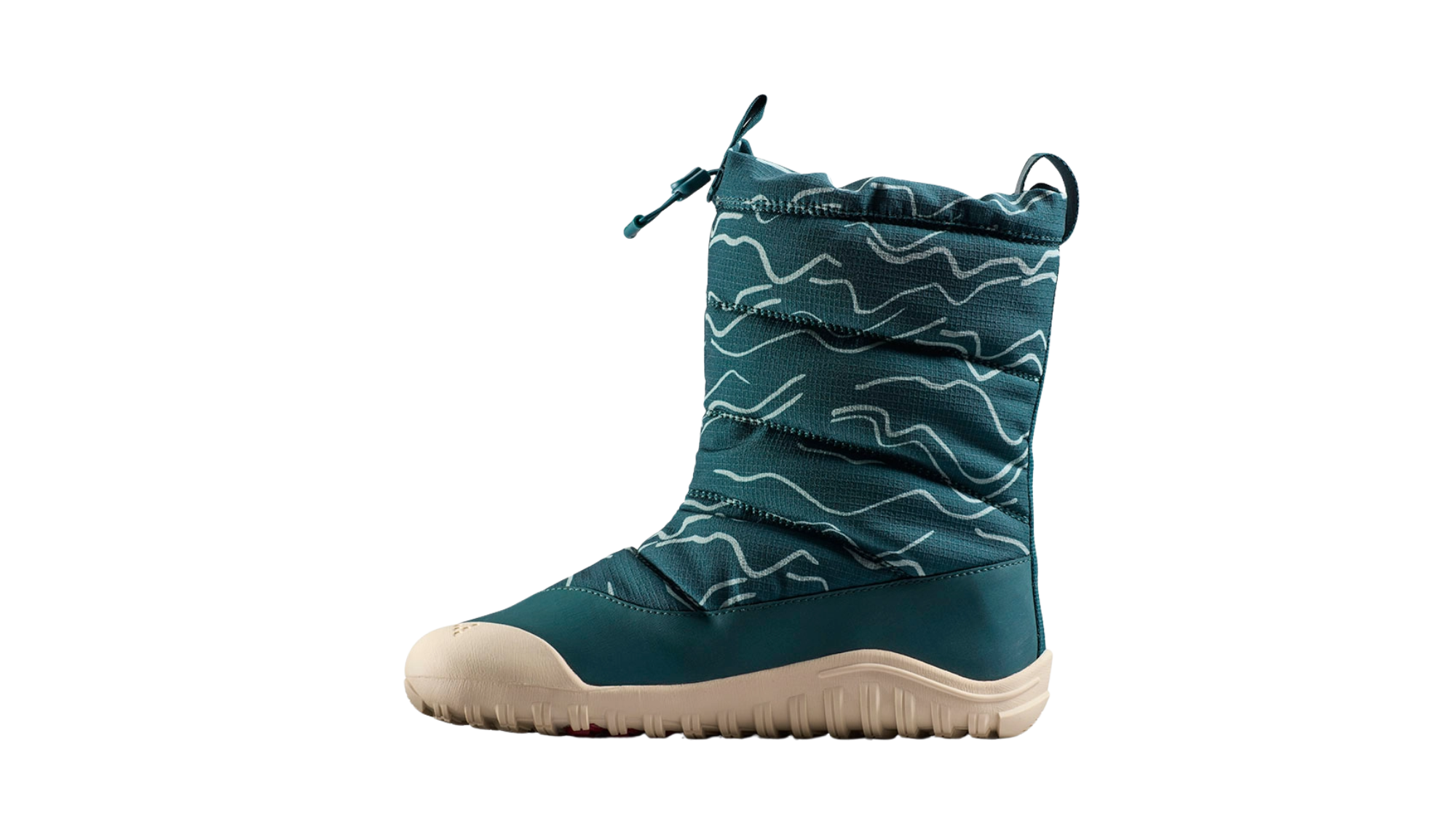 Barfußwinterstiefel, geschlossene Zehen und geschlossener Fersenbereich, Kordelzug am Schaft, profilierte Sohle, Seitenansicht innen, Einzelschuh