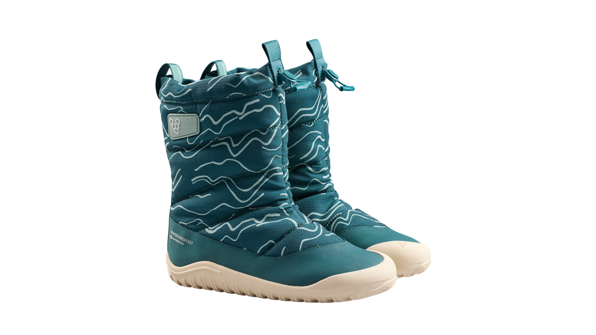 Barfußwinterstiefel, geschlossene Zehen und geschlossener Fersenbereich, Kordelzug am Schaft, profilierte Sohle, schräge Vorderansicht, Paar