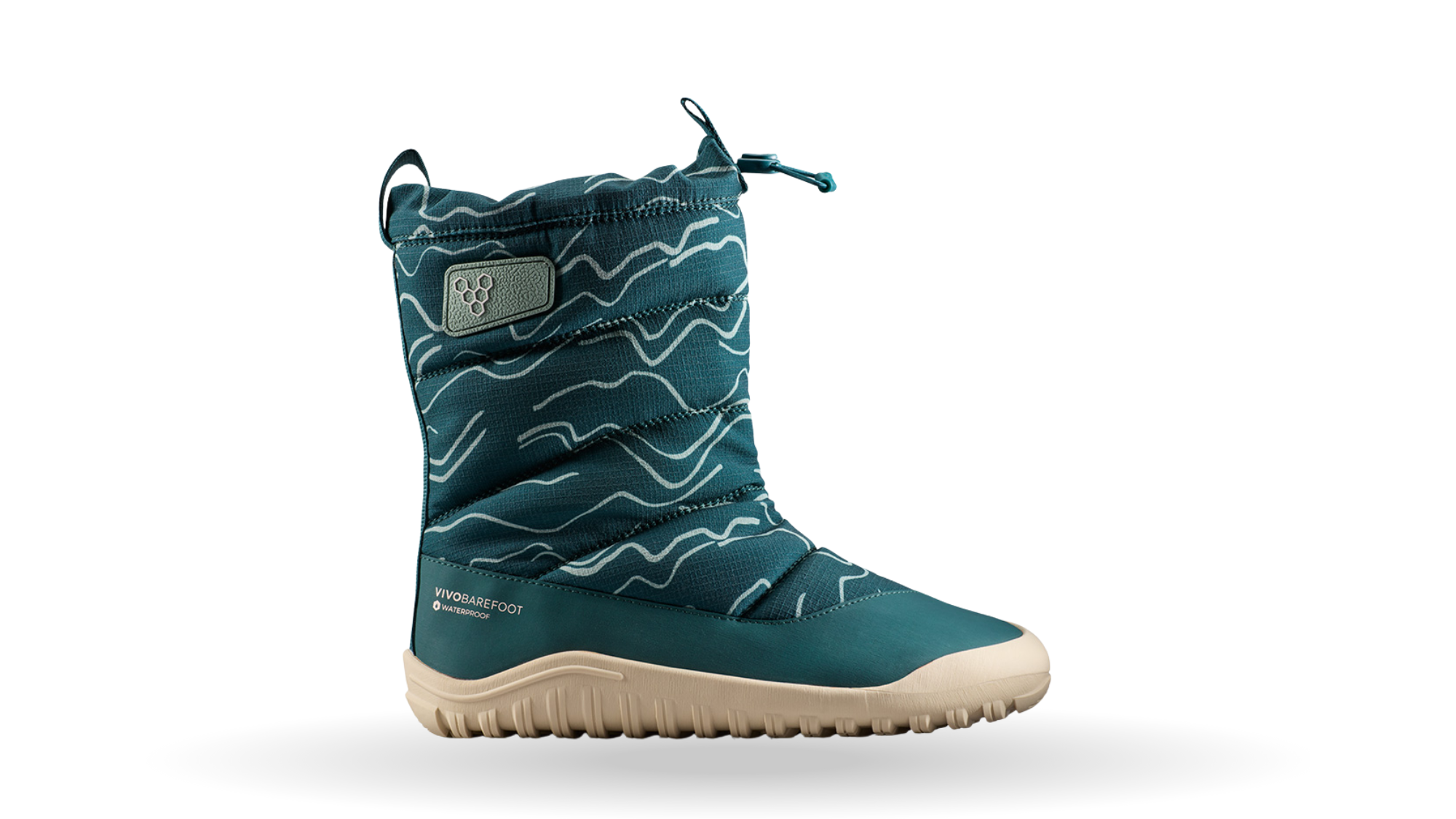 Barfußwinterstiefel, geschlossene Zehen und geschlossener Fersenbereich, Kordelzug am Schaft, profilierte Sohle, Seitenansicht außen, Einzelschuh