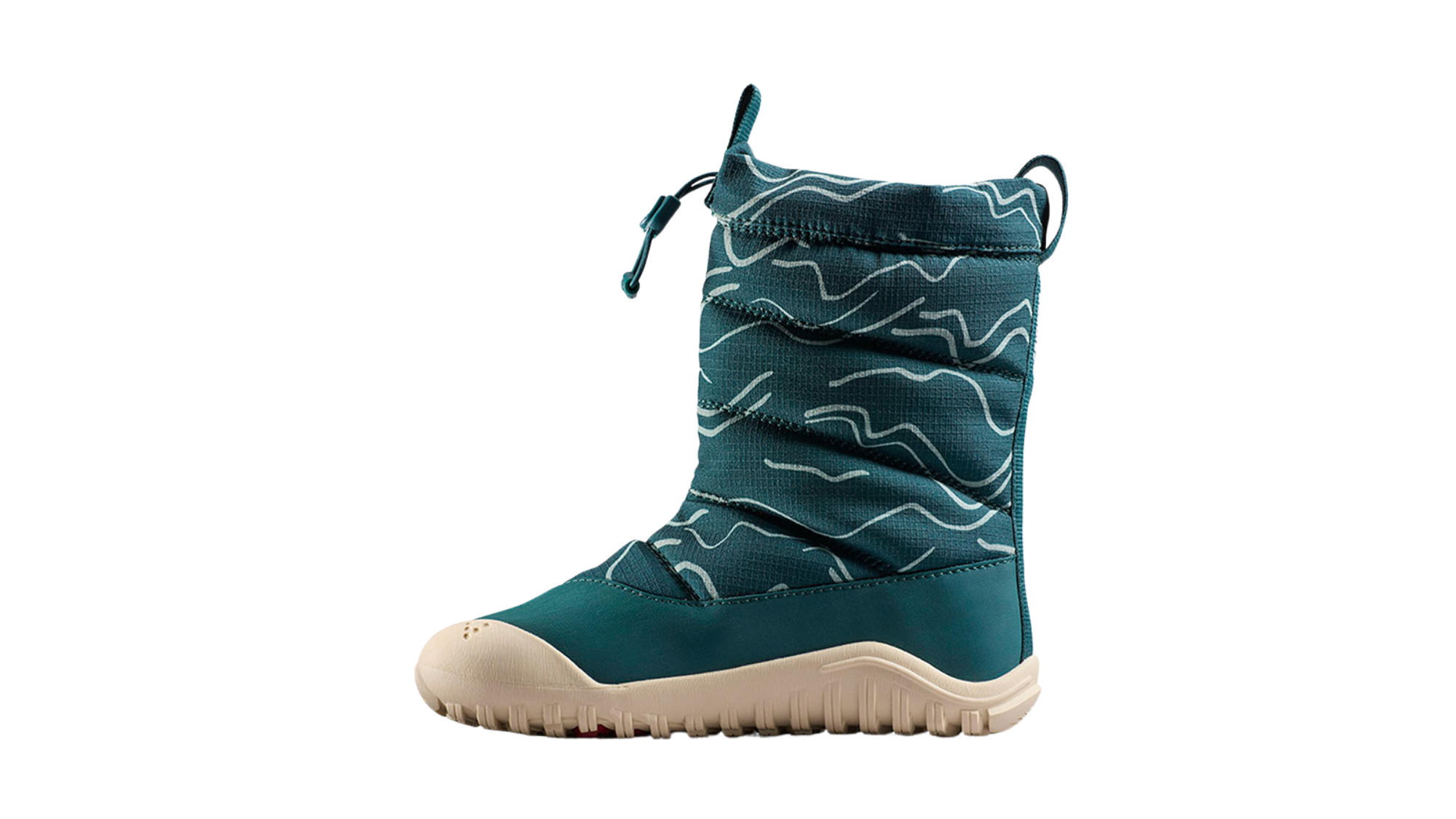 Barfußwinterstiefel, geschlossene Zehen und geschlossener Fersenbereich, Kordelzug am Schaft, profilierte Sohle, Seitenansicht innen, Einzelschuh