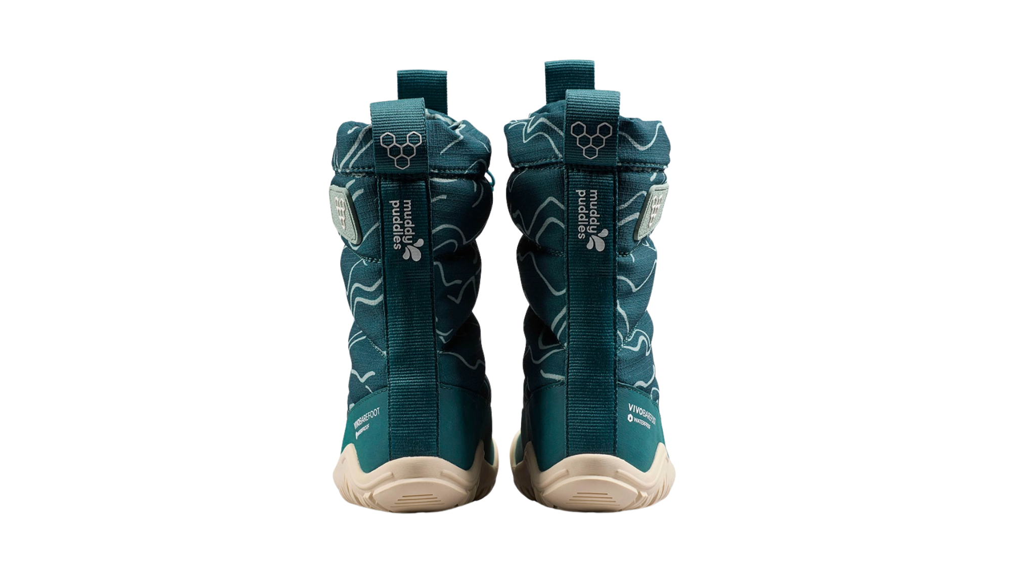 Barfußwinterstiefel, geschlossene Zehen und geschlossener Fersenbereich, Kordelzug am Schaft, profilierte Sohle, Rückansicht, Paar