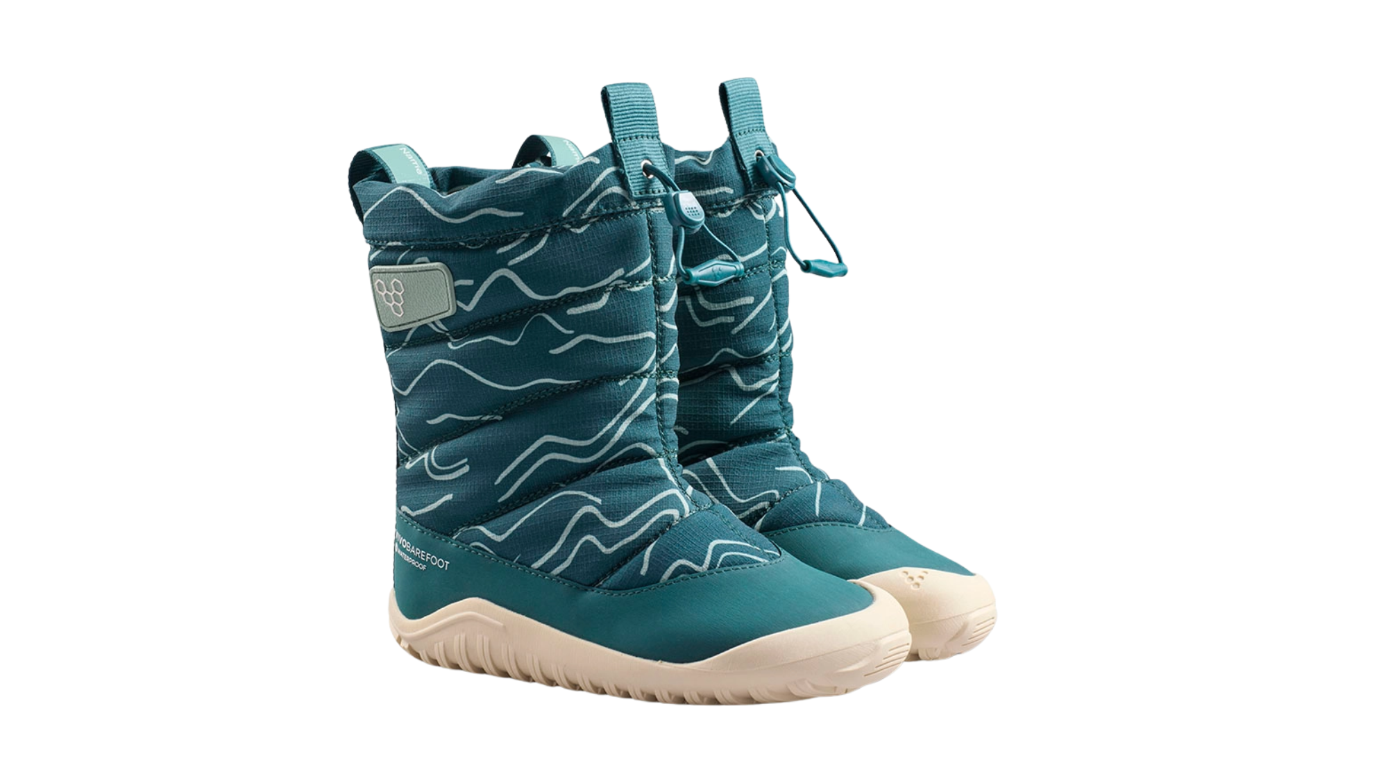 Barfußwinterstiefel, geschlossene Zehen und geschlossener Fersenbereich, Kordelzug am Schaft, profilierte Sohle, schräge Vorderansicht, Paar